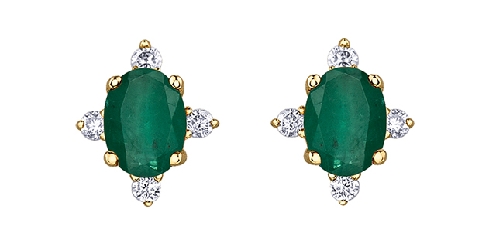 10k yellow gold emerald and diamond earrings.2 Emeralds 4x3mm2 Fancy cut diamonds 0.04ctCanadian Certified Gold.