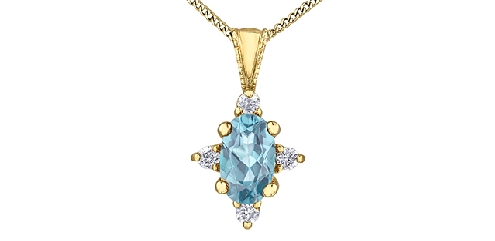 10k yellow gold aquamarine and diamond pendant.1 aquamarine 5x3mm
4 fancy cut diamonds 0.03ctCanadian Certified Gold.