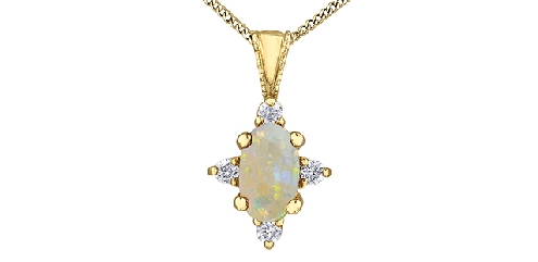 10k yellow gold opal and diamond pendant.1 opal 5x3mm
4 fancy cut diamonds 0.03ctCanadian Certified Gold.