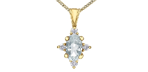 10k yellow gold white topaz and diamond pendant.1 white topaz 5x3mm
4 fancy cut diamonds 0.03ctCanadian Certified Gold.