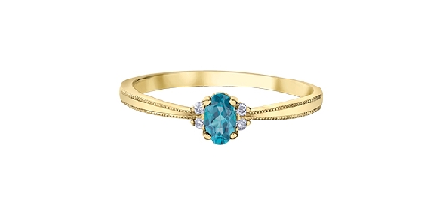 10k yellow gold blue topaz and diamond ring.

1 Blue Topax 5x3mm
4 Fancy Cut Diamonds 0.03ct

Canadian Certified Gold
