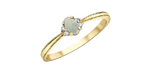 10k yellow gold opal and diamond ring.

1 Opal 5x3mm

4 fancy cut diamonds 0.03ct

Canadian Certified Gold.