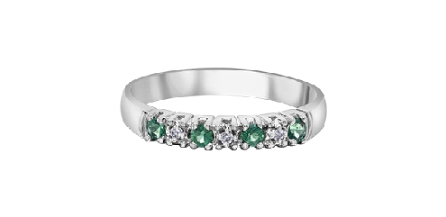 10k white gold emerald and diamond ring

4 emeralds 2mm
3 Fancy cut diamonds 0.02ct

Canadian certified gold.