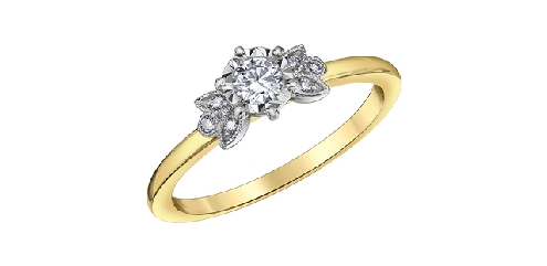 10K yellow and white gold diamond ring.
1 fancy cut diamond: .16 carat
2 fancy cut diamonds: .016 carat
4 fancy cut diamonds: .024 carat
Matching band: R50K10
Canadian Certified Gold
