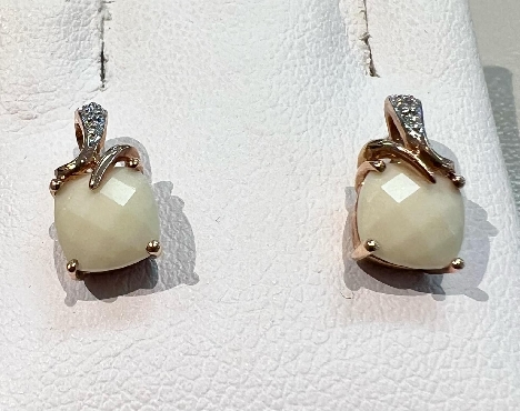 10K rose gold; white agate and diamond earrings.