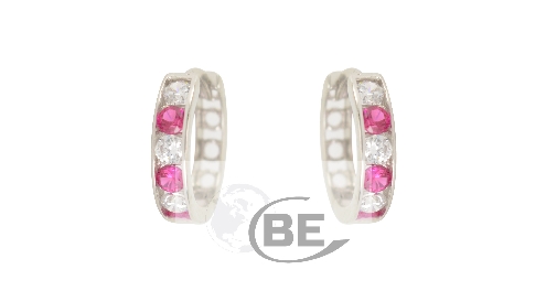 10k white gold hoops with clear and ruby coloured cubic zirconias.