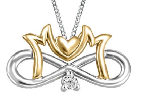 10K white and pink gold; infinity Mom pendant with diamond.
Diamond: .025 carat