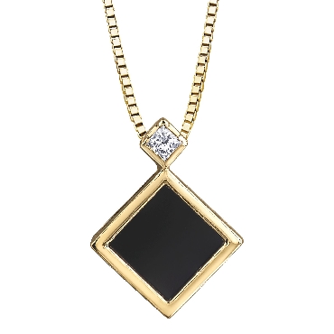 10K yellow gold onyx and Canadian diamond pendant.
1 onyx: 6×6 mm
1 princess cut diamond .04 carat
Maple Leaf Registration number: MLR433337 SI1 H
Canadian Certified Gold