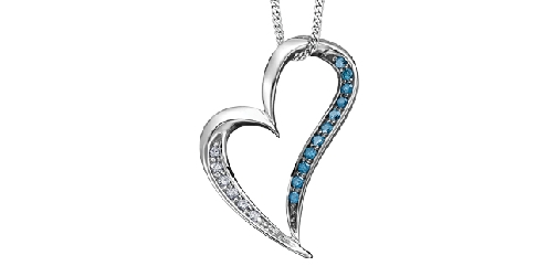 10k white gold with black rhodium finish; diamond heart pendant

6 diamonds 0.03ct

11 TRT. Blue diamonds 0.065ct