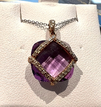 10K Rose Gold Amethyst & Diamond Pendant
12MM cushion cut amethyst