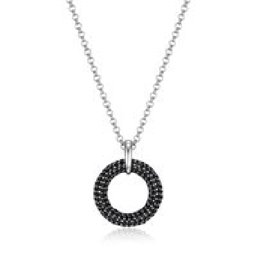 Sterling silver ELLE   Stardust   15mm circle necklace 17+3  ; with black cubic zirconias and signature ruby.