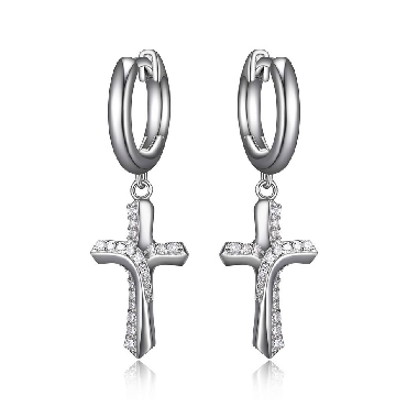 Sterling silver Elle   devotion   cross huggie earrings.