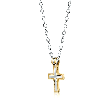 Stainless steel yellow gold plated brushed cross pendant on 18 sparkle chain