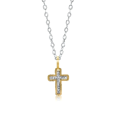 Italgem stainless steel gold IP brushed cross necklace with white CZ 18