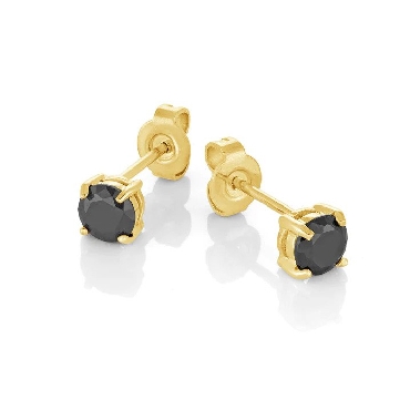 Italgem stainless steel gold-IP; black CZ 8mm stud earrings.