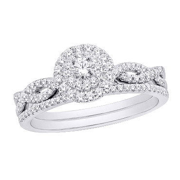 10k white gold diamond bridal set with halo 050ct