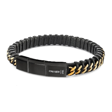 Italgem stainless steel gold curb link black leather bracelet 85