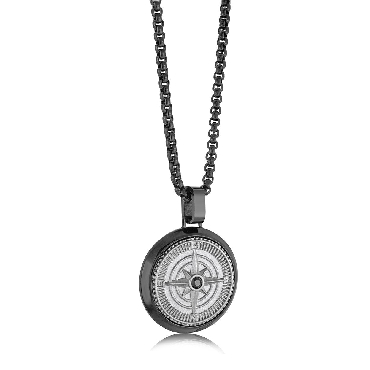 Italgem stainless steel black IP black CZ north star round compass necklace 22