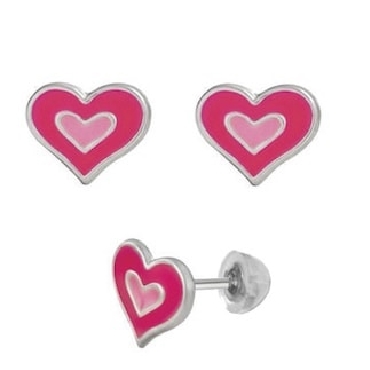 Bfly silver earrings with pink enamel hearts