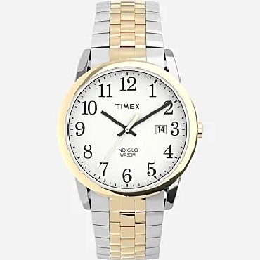 Timex; two-tone; mens watch. Easy reader; water resistant to 30M; Indiglo.