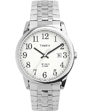 Timex Easy Reader Men s Watch; silver tone; expansion strap; 30M water resistance and INDIGLO night light.