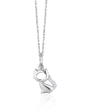 Sterling silver kitten pendant with rhodium plating and cz tail.