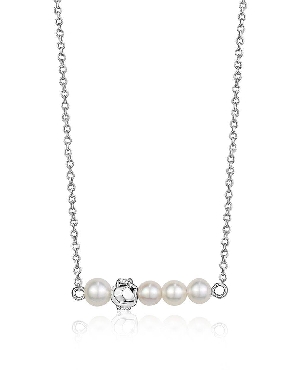 Sterling silver necklace with rhodium plating; platinum finish and fresh water pearls.