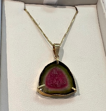 Watermelon tourmaline gold pendant