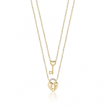 10k yellow gold key and heart double strand necklace 16+2